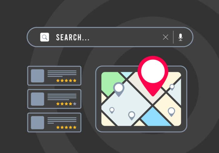 Local Search - small business seo marketing strategy based on consumer near me searches. Browser with local business listing, map and red pin icon, search result with nearby places with star rating.